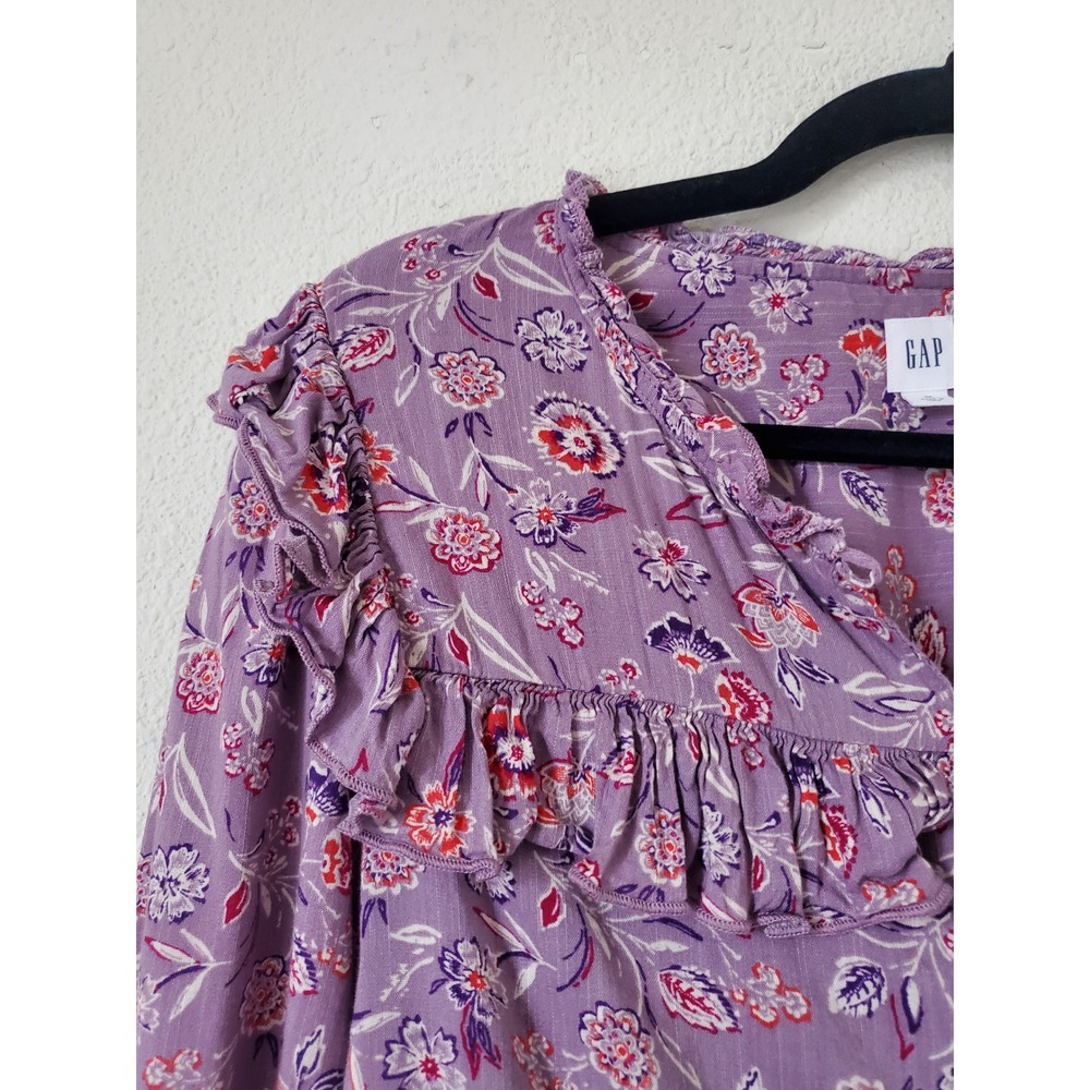 GAP Womens Purple Floral Ruffle Button Front Long Sleeve Peasant Top M - Picture 2 of 8